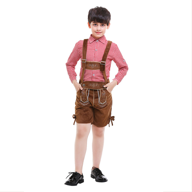 Prettycos Oktoberfest-Bavarian costume, cotton shirt with lederhosen for Carnival Rouge + Marron 150 / 160 cm