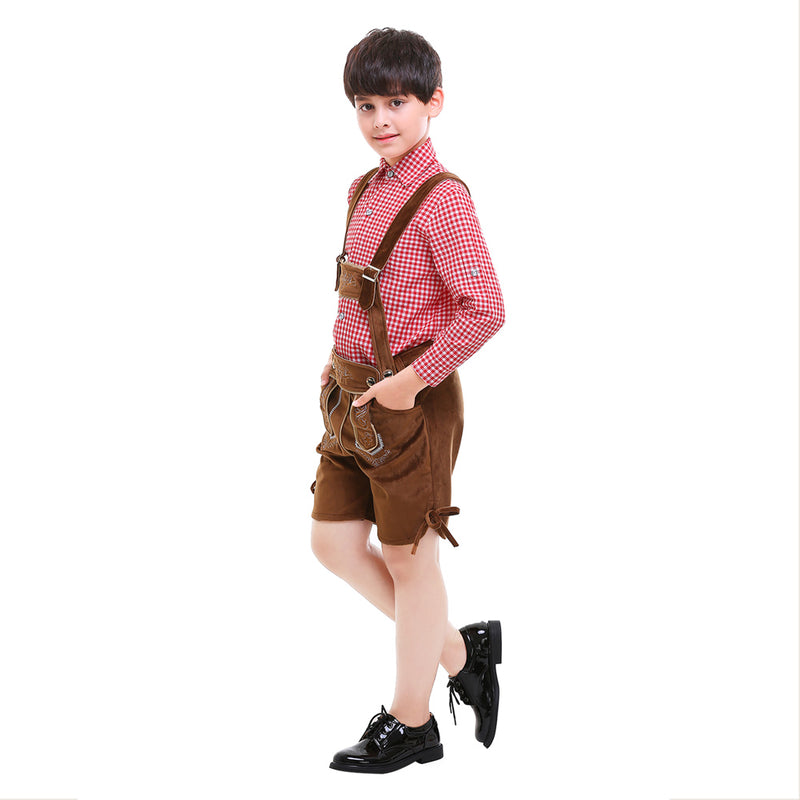 Prettycos Oktoberfest-Bavarian costume, cotton shirt with lederhosen for Carnival Rouge + Marron 150 / 160 cm