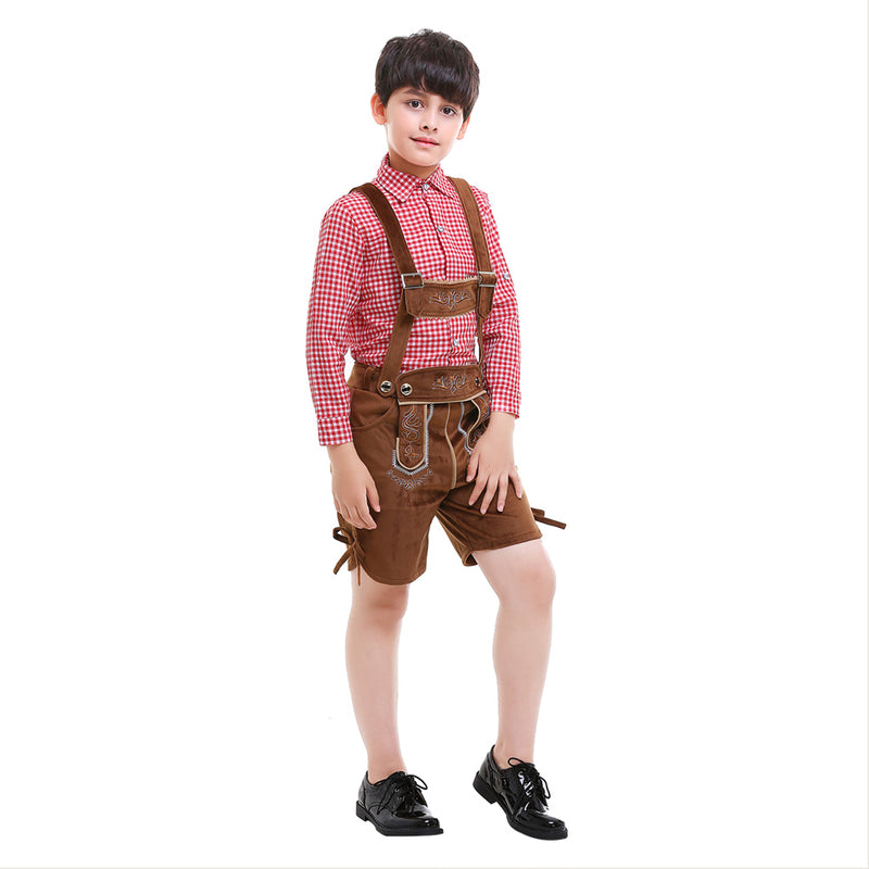 Prettycos Oktoberfest-Bavarian costume, cotton shirt with lederhosen for Carnival Rouge + Marron 150 / 160 cm