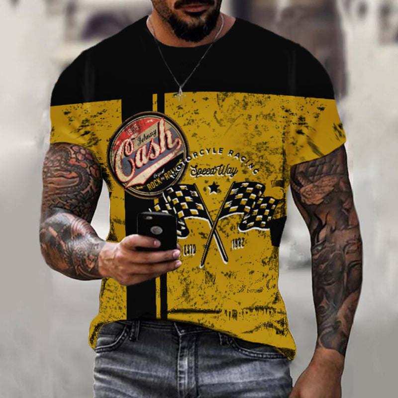 1955 Johnny Cash racing black and yellow color-block Vintage American crewneck short sleeve man print T-shirt