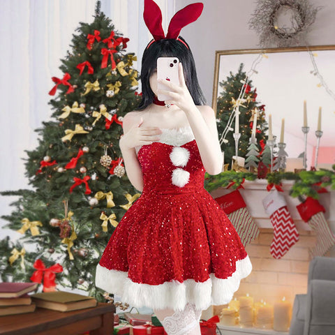 2023 Christmas Costume Lady Santa Claus Cosplay Costumes Winter Bunny Girl Dress Disguise Adult Women Halloween Party Dress Up