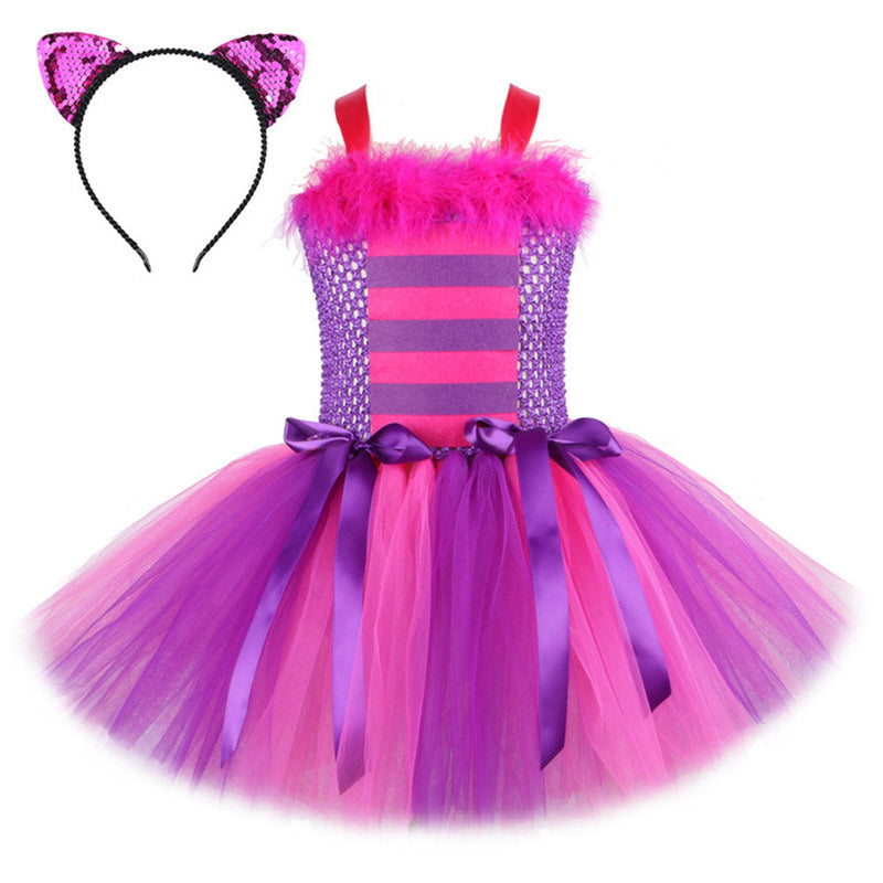 VeeGet Cheshire Cat Cosplay Costume Kids Girls TuTu Dress Headband Outfits Halloween Carnival Party Suit