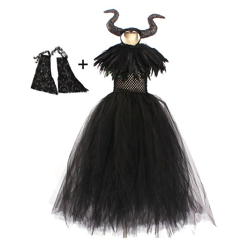 4Pcs Set Kids Girls Maleficent Cosplay Costume Dress Headband Outfits Halloween Carnival Suit