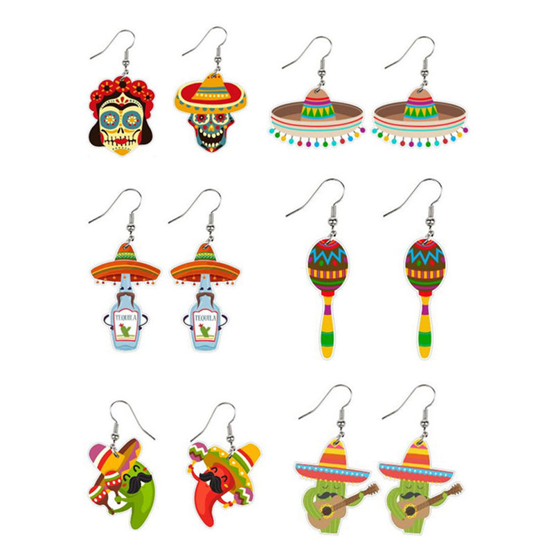 6Pcs Set Mexican earrings Carnival Pendant Halloween Carnival  Costume Accessories Gifts