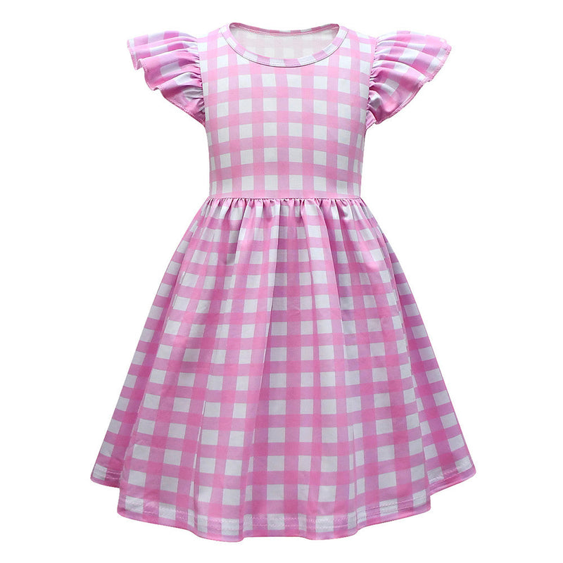 VeeGet 2023 Movie Kids Girls Pink Plaid Dress Outfits Halloween Carnival Suit