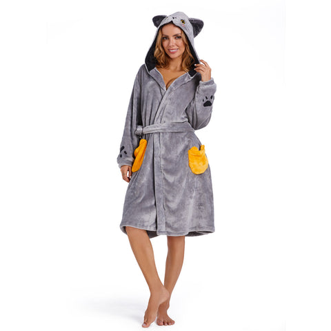 Adults Animal Pajamas Cartoon British Shorthair Cat Hooded Bathrobe Women Men Warm Flannel Sleepwear Robe Gown