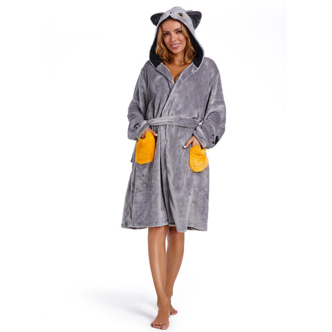 Adults Animal Pajamas Cartoon British Shorthair Cat Hooded Bathrobe Women Men Warm Flannel Sleepwear Robe Gown