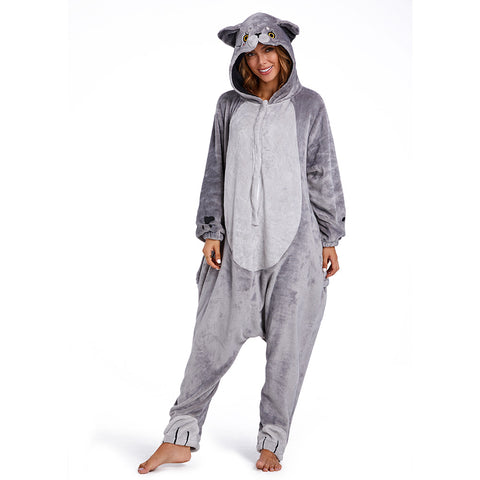 Adults Animal Pajamas Cartoon British Shorthair Cat Onesies Women Men Warm Flannel Hooded Sleepwear