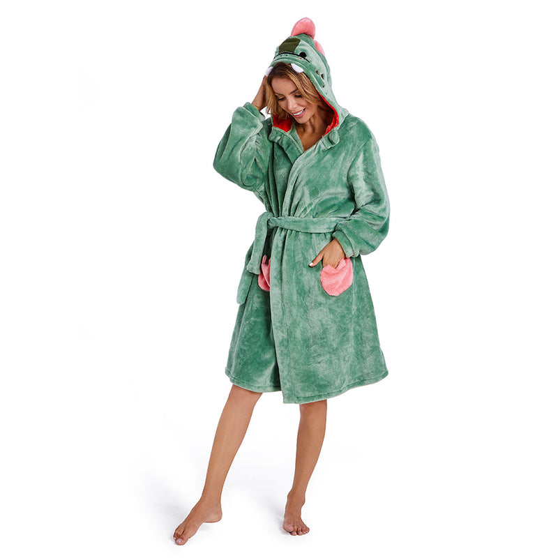 Adults Animal Pajamas Cartoon Dinosaur  Bathrobe Women Men Warm Flannel Sleepwear Robe Gown