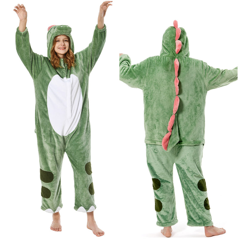 Adults Animal Pajamas Cartoon Dinosaur Onesies Women Men Warm Flannel Hooded Sleepwear