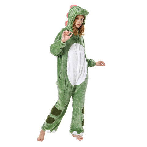 Adults Animal Pajamas Cartoon Dinosaur Onesies Women Men Warm Flannel Hooded Sleepwear