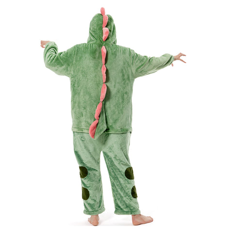 Adults Animal Pajamas Cartoon Dinosaur Onesies Women Men Warm Flannel Hooded Sleepwear