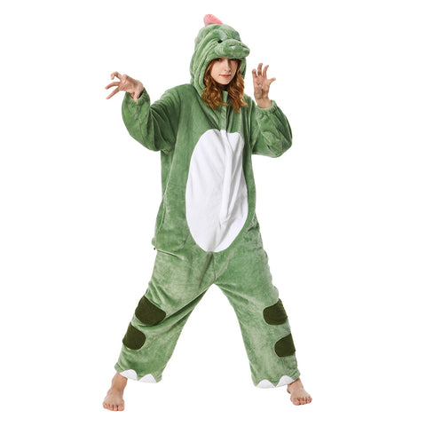 Adults Animal Pajamas Cartoon Dinosaur Onesies Women Men Warm Flannel Hooded Sleepwear