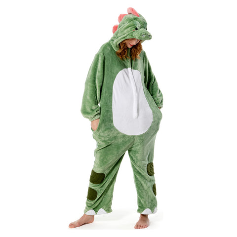 Adults Animal Pajamas Cartoon Dinosaur Onesies Women Men Warm Flannel Hooded Sleepwear