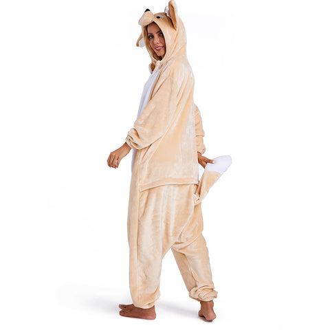 Adults Animal Pajamas Cartoon Fennec Fox Onesies Women Men Warm Flannel Hooded Sleepwear