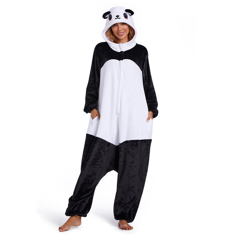 Adults Animal Pajamas Cartoon Panda Onesies Women Men Warm Flannel Hooded Sleepwear