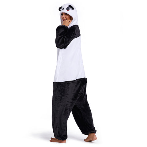 Adults Animal Pajamas Cartoon Panda Onesies Women Men Warm Flannel Hooded Sleepwear