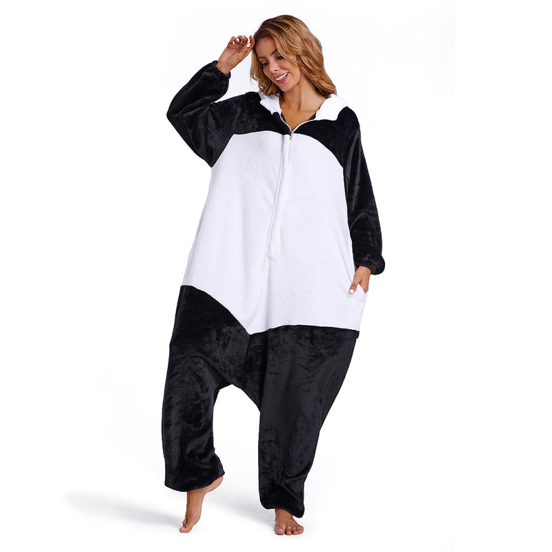 Adults Animal Pajamas Cartoon Panda Onesies Women Men Warm Flannel Hooded Sleepwear