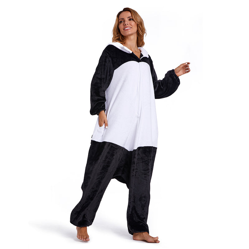 Adults Animal Pajamas Cartoon Panda Onesies Women Men Warm Flannel Hooded Sleepwear