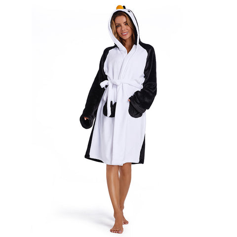 Adults Animal Pajamas Cartoon Penguin Bathrobe Women Men Warm Flannel Sleepwear Robe Gown