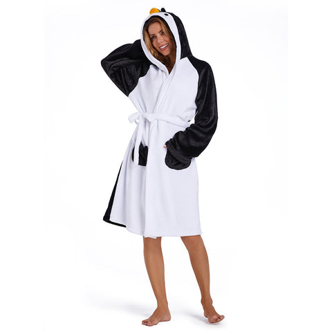 Adults Animal Pajamas Cartoon Penguin Bathrobe Women Men Warm Flannel Sleepwear Robe Gown