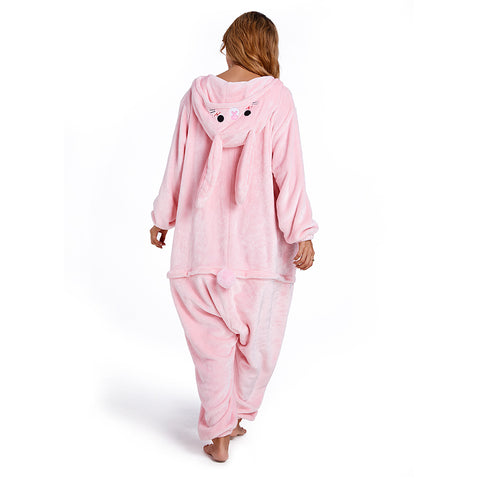 Adults Animal Pajamas Cartoon Rabbit Onesies Women Men Warm Flannel Hooded Sleepwear