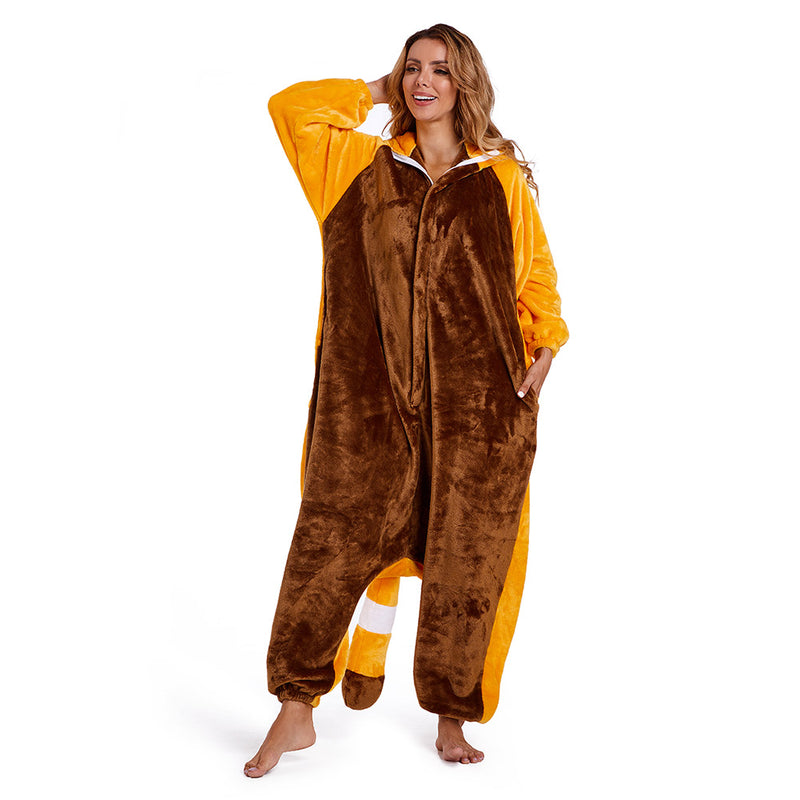 Adults Animal Pajamas Cartoon Red Panda Onesies Women Men Warm Flannel Hooded Sleepwear