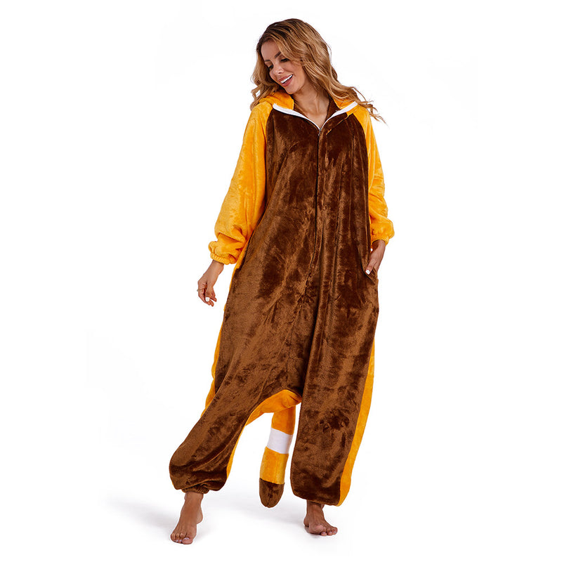 Adults Animal Pajamas Cartoon Red Panda Onesies Women Men Warm Flannel Hooded Sleepwear