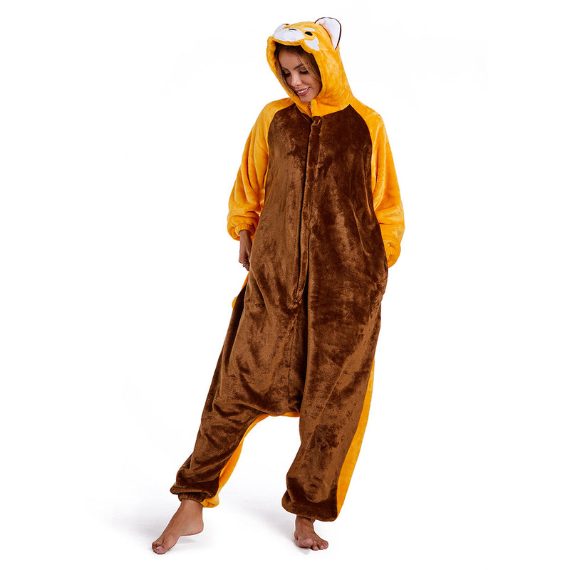 Adults Animal Pajamas Cartoon Red Panda Onesies Women Men Warm Flannel Hooded Sleepwear