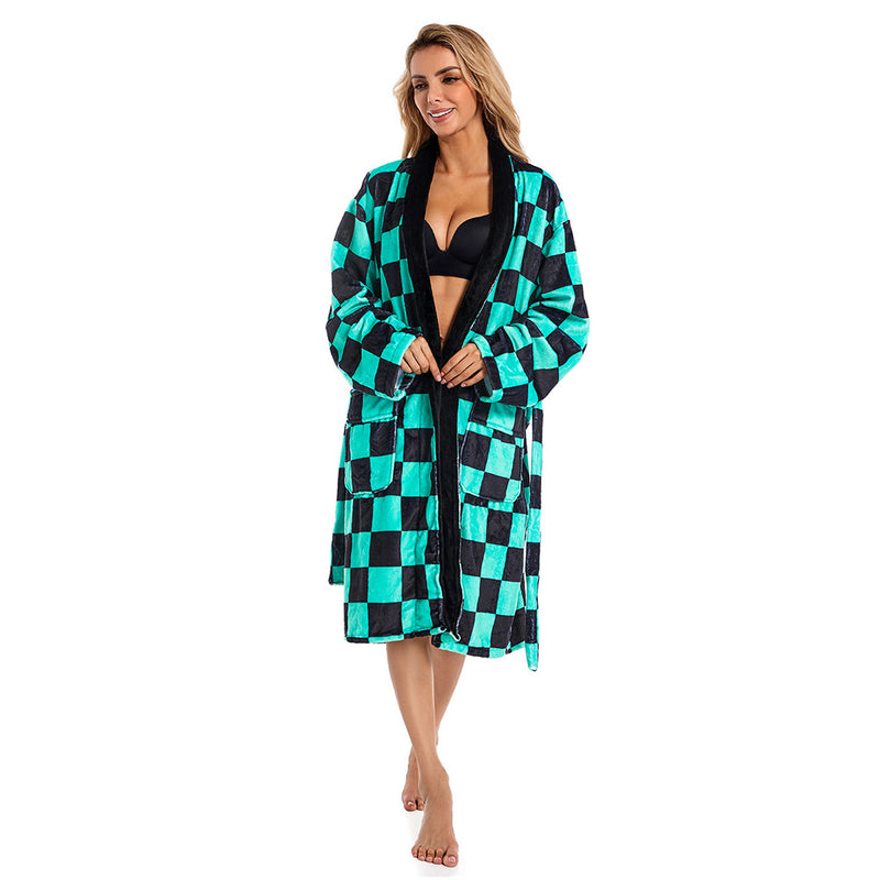 Anime Demon Slayer Kamado Tanjirou Cosplay Bathrobe Coral Fleece Bath Robe Dressing Gown Cloak