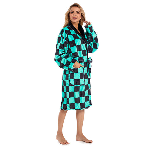 Anime Demon Slayer Kamado Tanjirou Cosplay Bathrobe Coral Fleece Bath Robe Dressing Gown Cloak