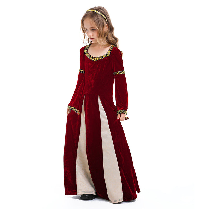 VeeGet Retro Medieval Kids Girls Red Dress Party Gown Costume Outfits Halloween Carnival Party Suit GirlKidsCostume