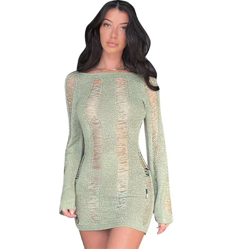 Bacmaze Womens Y2K Crochet Knitted Dress Long Sleeve Hollow Out Sweater Dress Backless Sexy Bodycon 