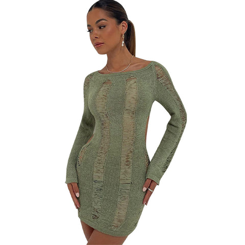 Bacmaze Womens Y2K Crochet Knitted Dress Long Sleeve Hollow Out Sweater Dress Backless Sexy Bodycon 