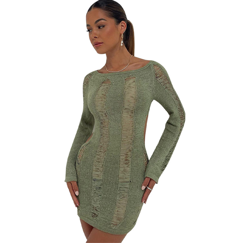 Bacmaze Womens Y2K Crochet Knitted Dress Long Sleeve Hollow Out Sweater Dress Backless Sexy Bodycon 