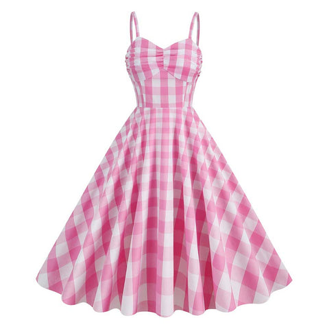 BarB Pink Style Margot Pink Plaid Dress Summer Beach Outfits Halloween Carnival Cosplay Costume BarBStyle