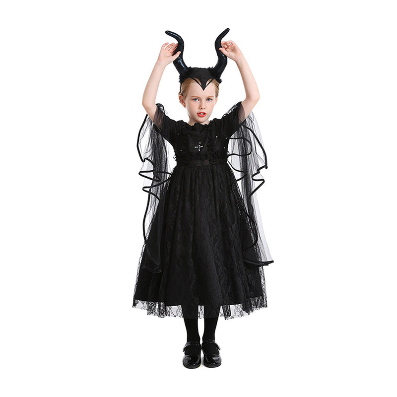 Bullhorn Headband Witch Black Dress Dark Little Witch Cosplay Costume Outfits Halloween Carnival Suit