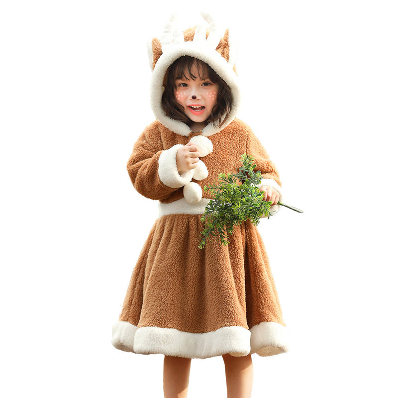 Christmas Clothes Children Elk Deer Coral Fleece Dress Cosplay Festival Kids Cute Cartoon Hooded Dress