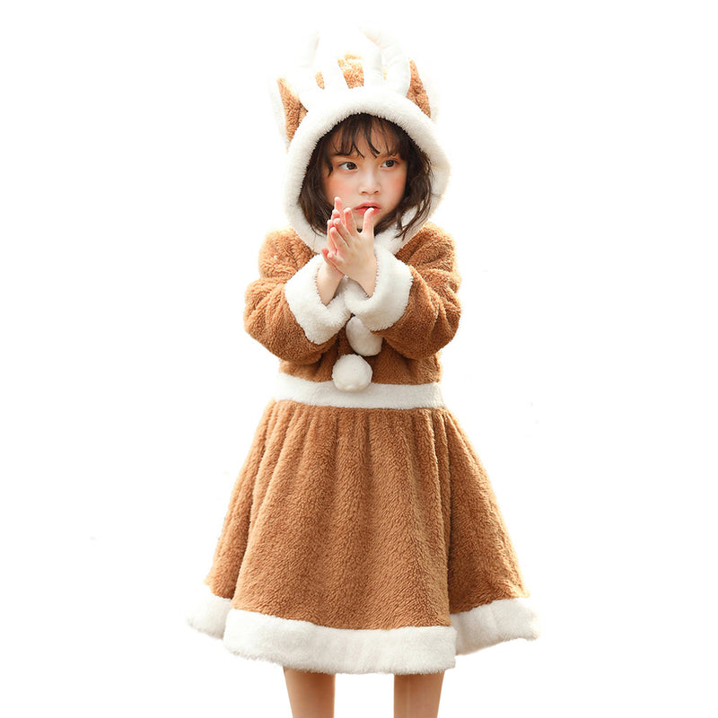 Christmas Clothes Children Elk Deer Coral Fleece Dress Cosplay Festival Kids Cute Cartoon Hooded Dress