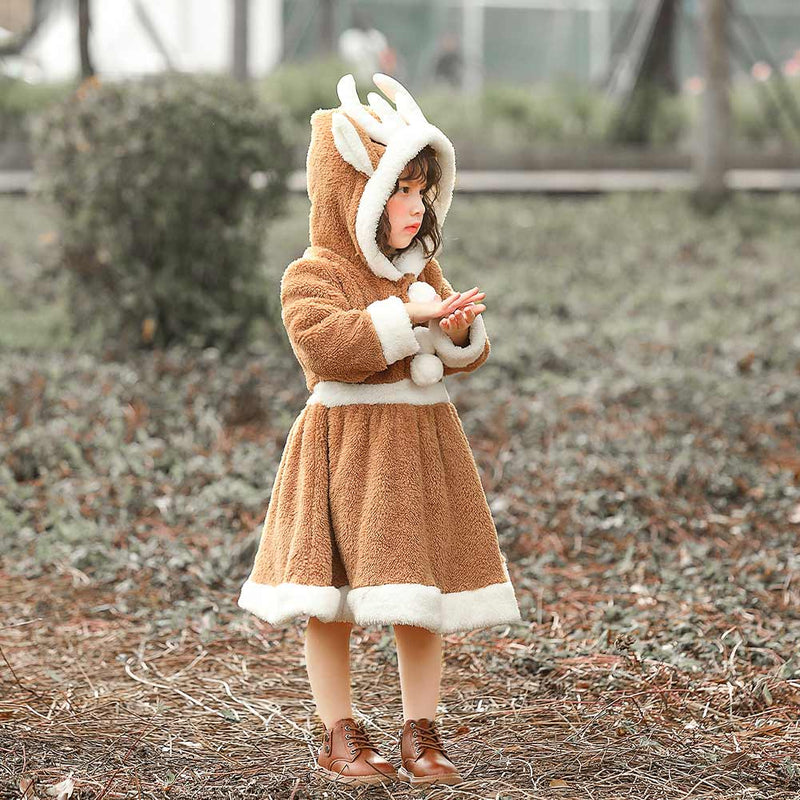 Christmas Clothes Children Elk Deer Coral Fleece Dress Cosplay Festival Kids Cute Cartoon Hooded Dress