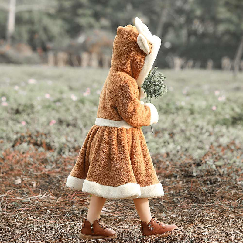 Christmas Clothes Children Elk Deer Coral Fleece Dress Cosplay Festival Kids Cute Cartoon Hooded Dress