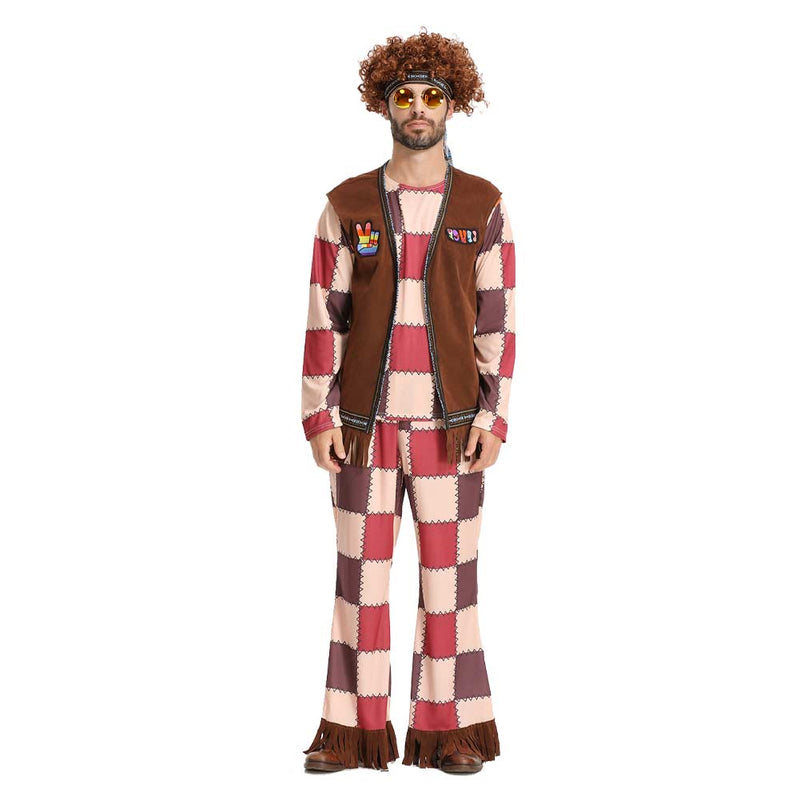 Cosplay Costume Outfits Halloween Carnival Suit Adult men‘s full set square checkered hippie