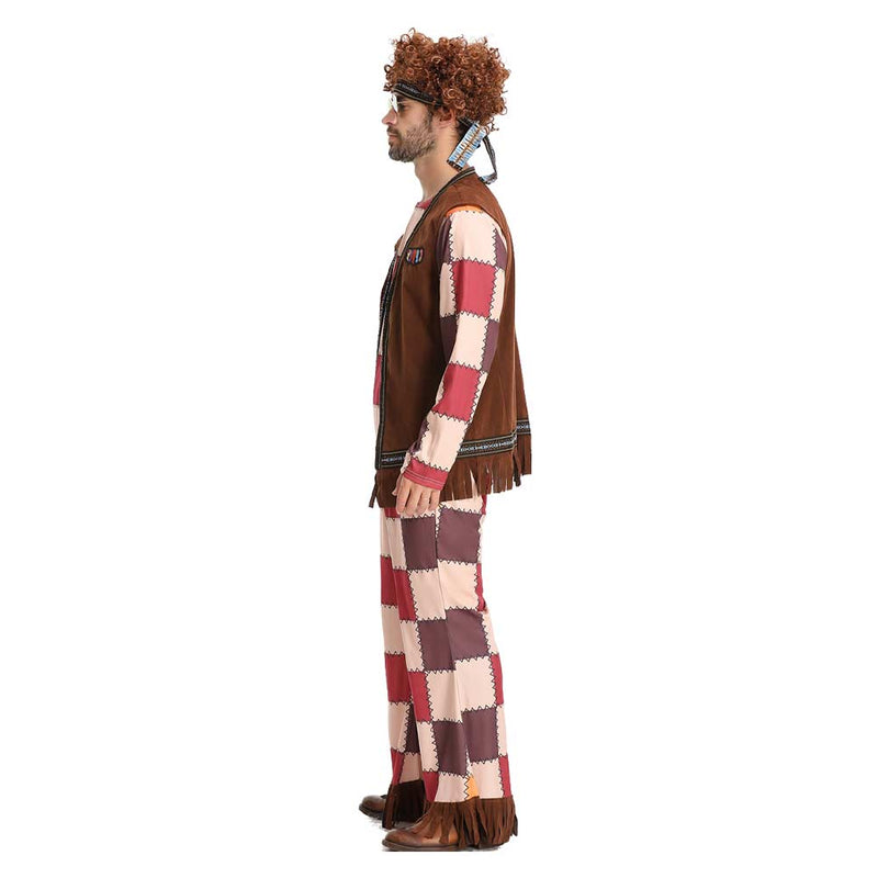 Cosplay Costume Outfits Halloween Carnival Suit Adult men‘s full set square checkered hippie