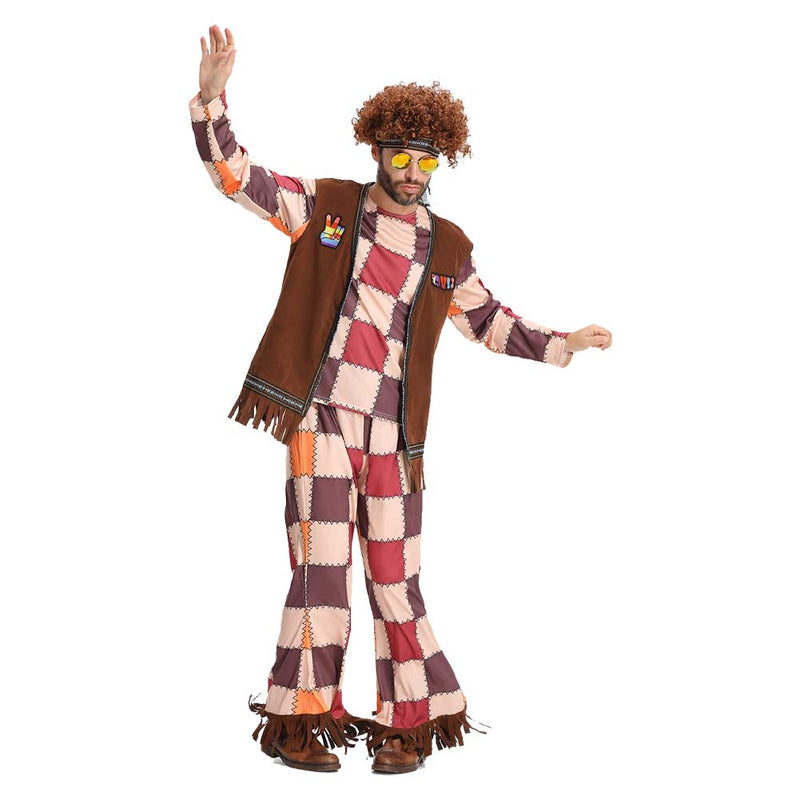 Cosplay Costume Outfits Halloween Carnival Suit Adult men‘s full set square checkered hippie