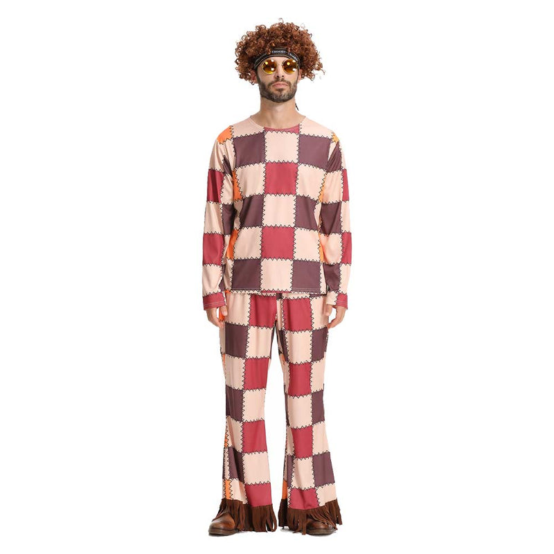 Cosplay Costume Outfits Halloween Carnival Suit Adult men‘s full set square checkered hippie