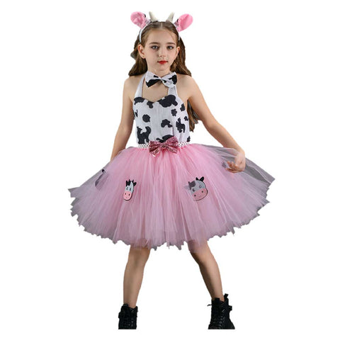 Cosplay Costume Outfits Halloween Carnival Suit Girl‘s Pink Cow Picture Skirt Mesh Tutu Dress