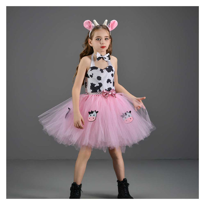 Cosplay Costume Outfits Halloween Carnival Suit Girl‘s Pink Cow Picture Skirt Mesh Tutu Dress