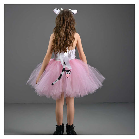 Cosplay Costume Outfits Halloween Carnival Suit Girl‘s Pink Cow Picture Skirt Mesh Tutu Dress