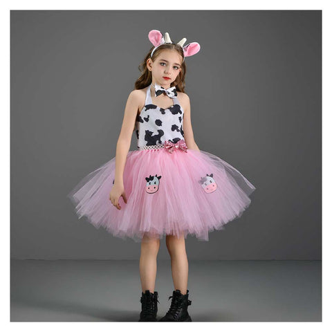 Cosplay Costume Outfits Halloween Carnival Suit Girl‘s Pink Cow Picture Skirt Mesh Tutu Dress