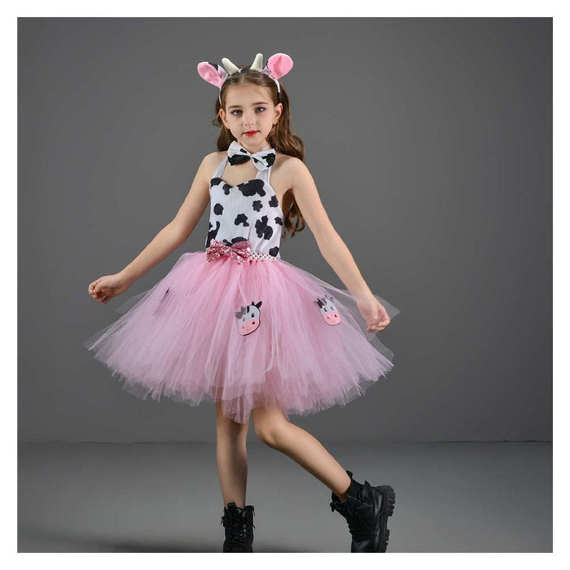 Cosplay Costume Outfits Halloween Carnival Suit Girl‘s Pink Cow Picture Skirt Mesh Tutu Dress